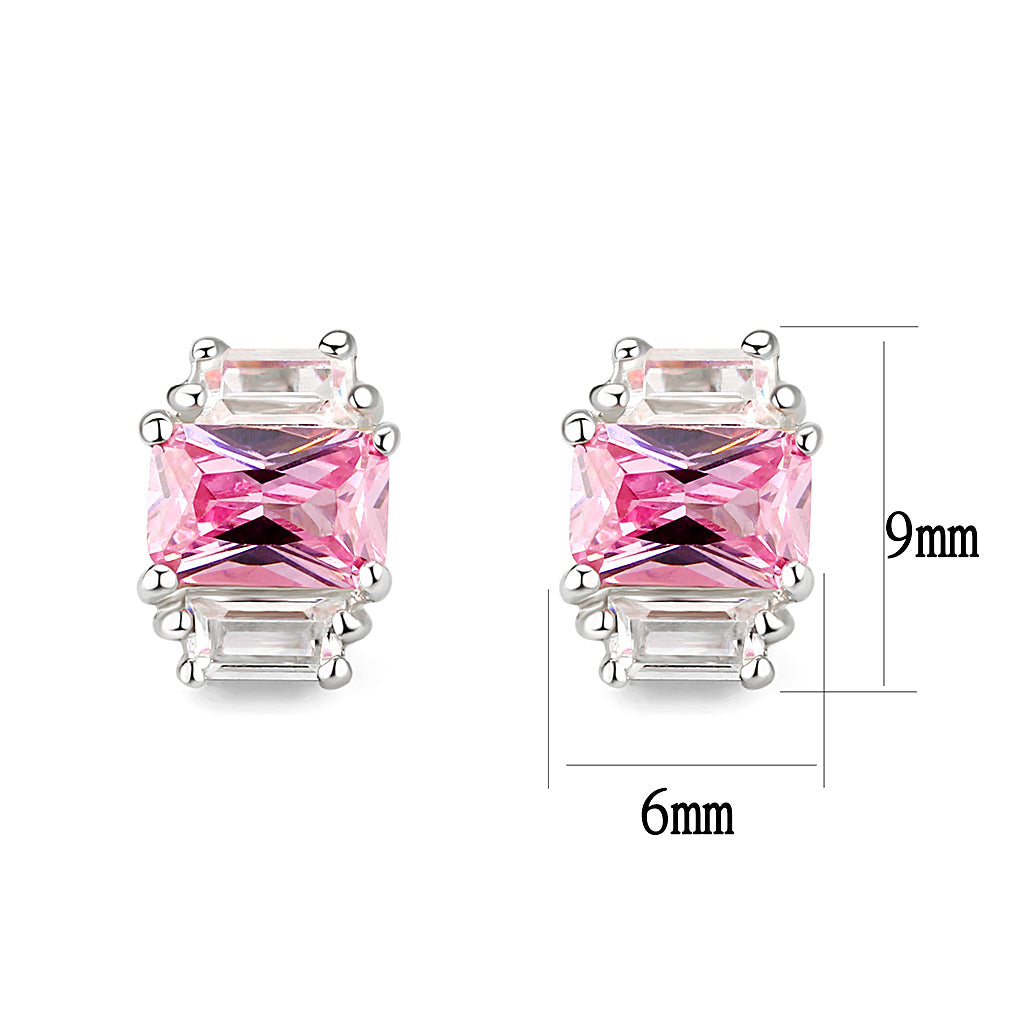 Sterling Silver  Earrings With  CZ Pink In High Polished( No Plated)