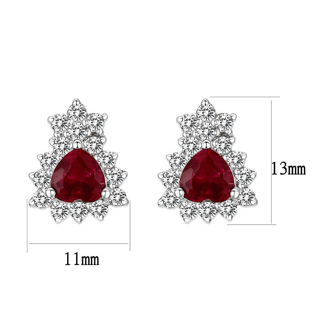 Sterling Silver  Earrings With  CZ Red In High Polished( No Plated)