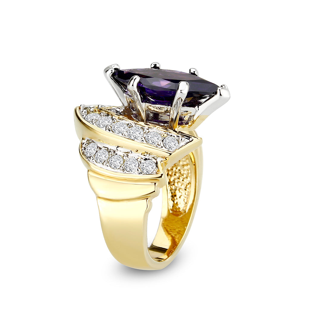 IP Gold  Plated Brass Ring with CZ In Amethyst