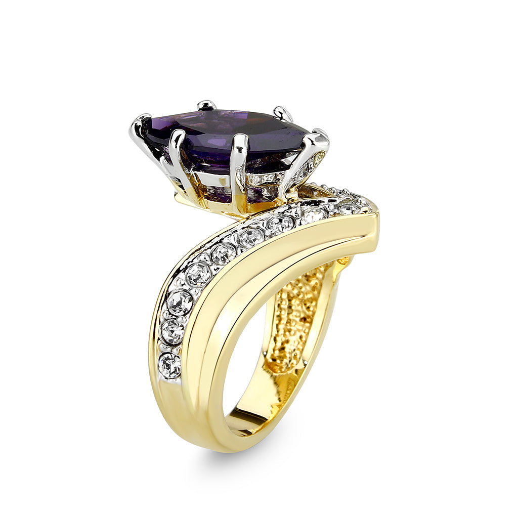IP Gold  Plated Brass Ring with CZ In Amethyst
