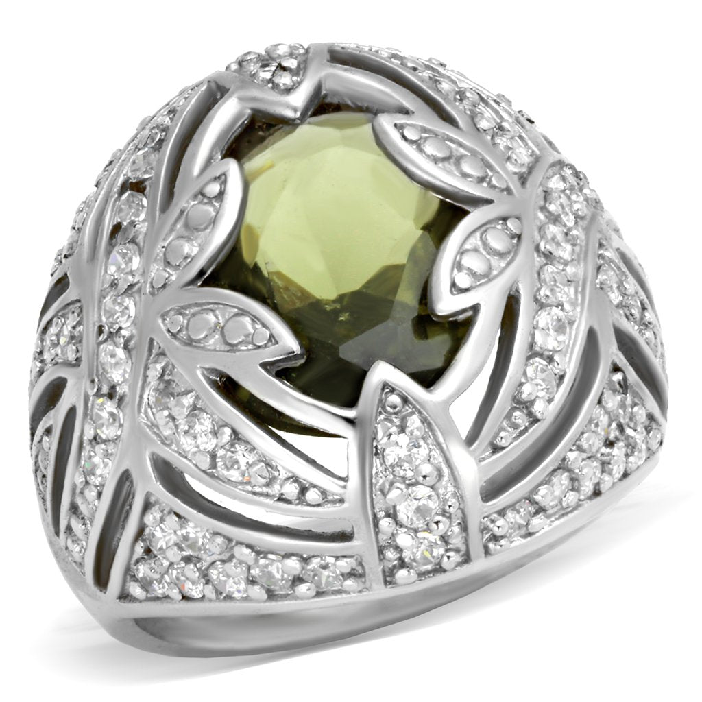 Rhodium Brass Ring with AAA Grade CZ  in Olivine color