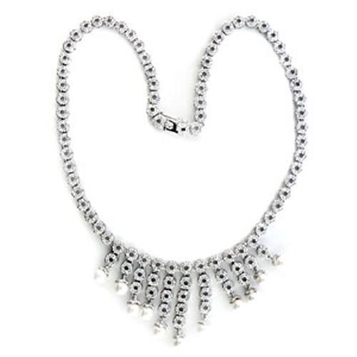 Rhodium Brass Necklace with Synthetic Pearl in White
