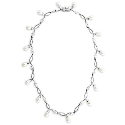 Rhodium 925 Sterling Silver Necklace with Synthetic Pearl in White