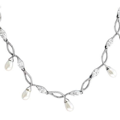 Rhodium 925 Sterling Silver Necklace with Synthetic Pearl in White
