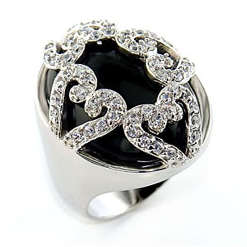 Rhodium Brass Ring with Semi-Precious Onyx in Jet