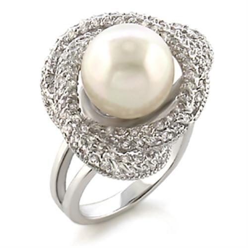 Rhodium Brass Ring with Synthetic Pearl in White