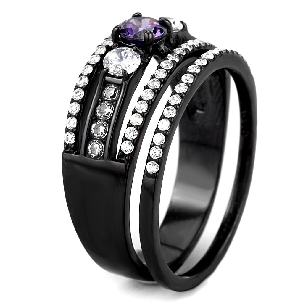 IP Black(Ion Plating) Stainless Steel Ring with AAA Grade CZ  in Amethyst
