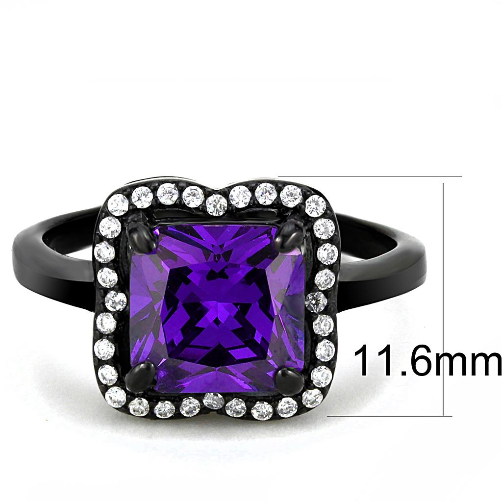 IP Black(Ion Plating) Stainless Steel Ring with AAA Grade CZ  in Amethyst