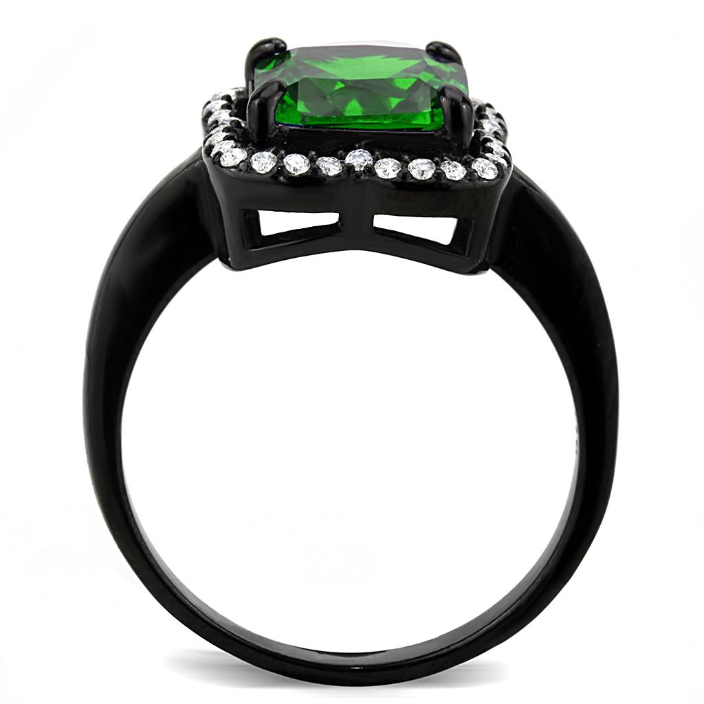 IP Black(Ion Plating) Stainless Steel Ring with AAA Grade CZ  in Emerald