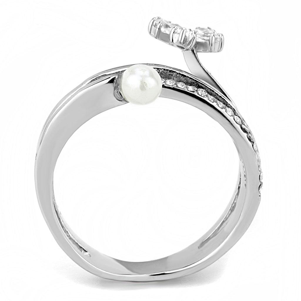 High polished (no plating) Stainless Steel Ring with Synthetic Pearl in White