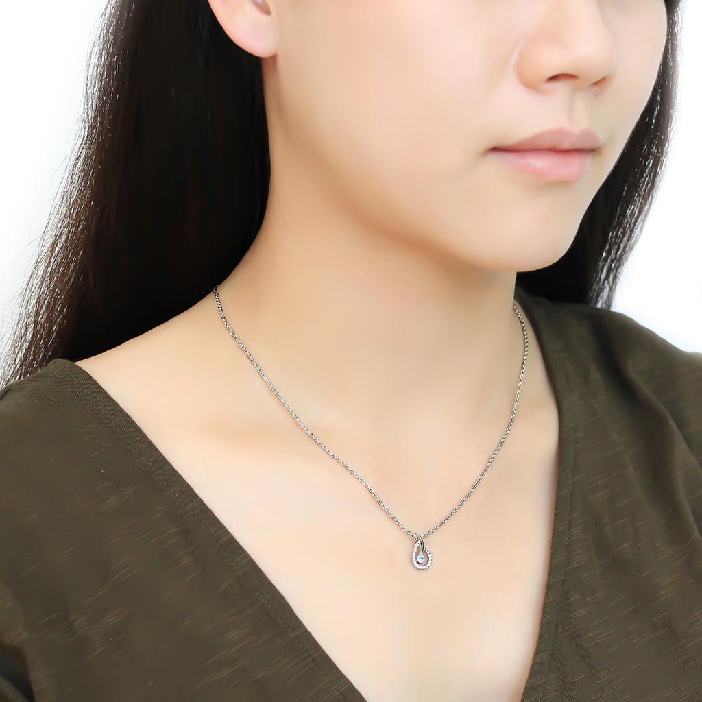 High polished (no plating) Stainless Steel Chain Pendant with AAA Grade CZ  in Sea Blue