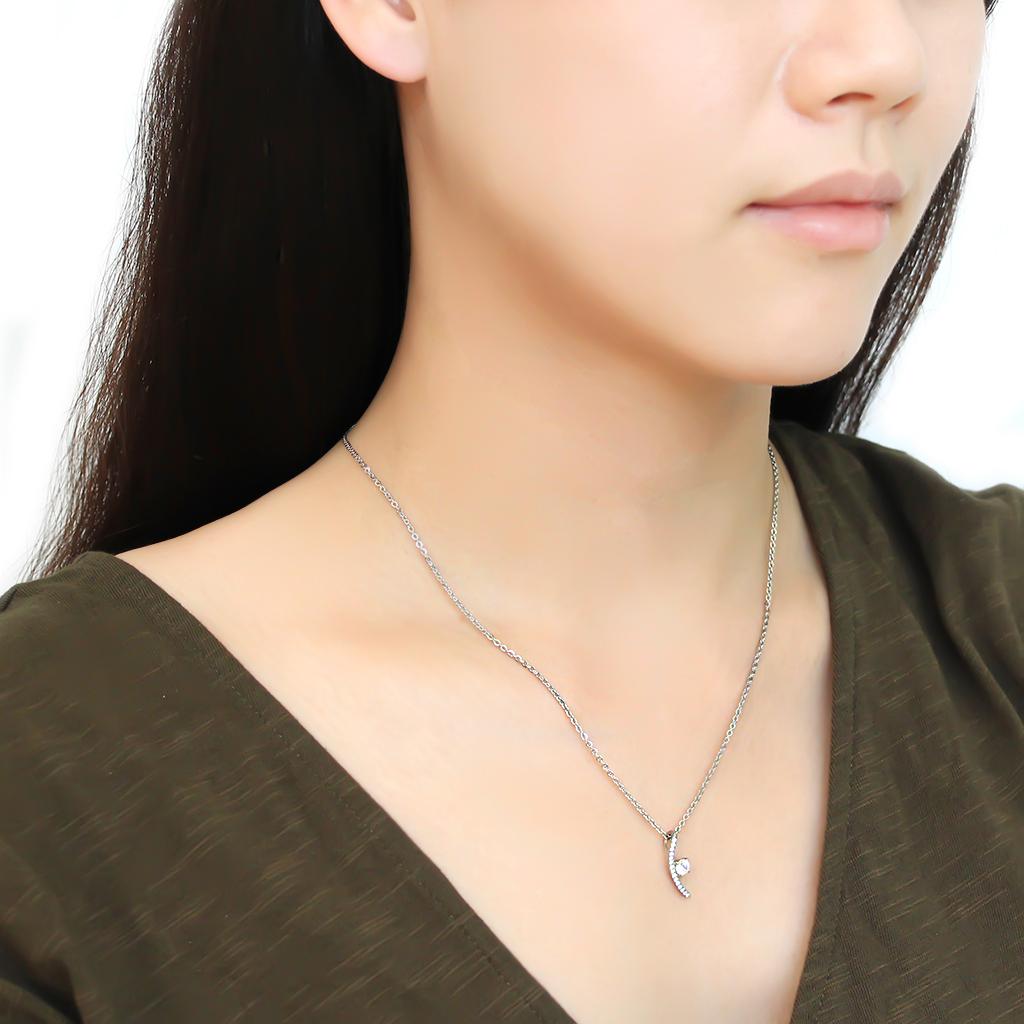 High polished (no plating) Stainless Steel Chain Pendant with AAA Grade CZ  in Clear