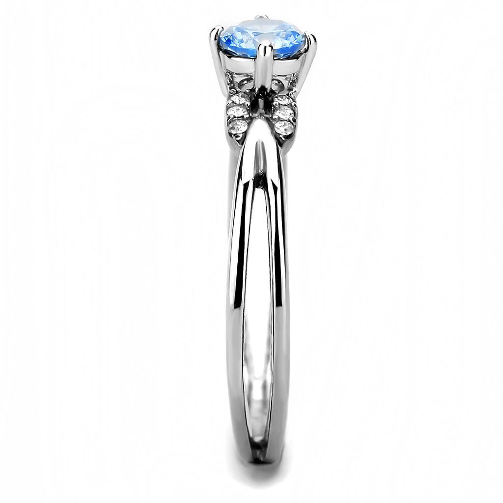 High polished (no plating) Stainless Steel Ring with AAA Grade CZ  in Sea Blue