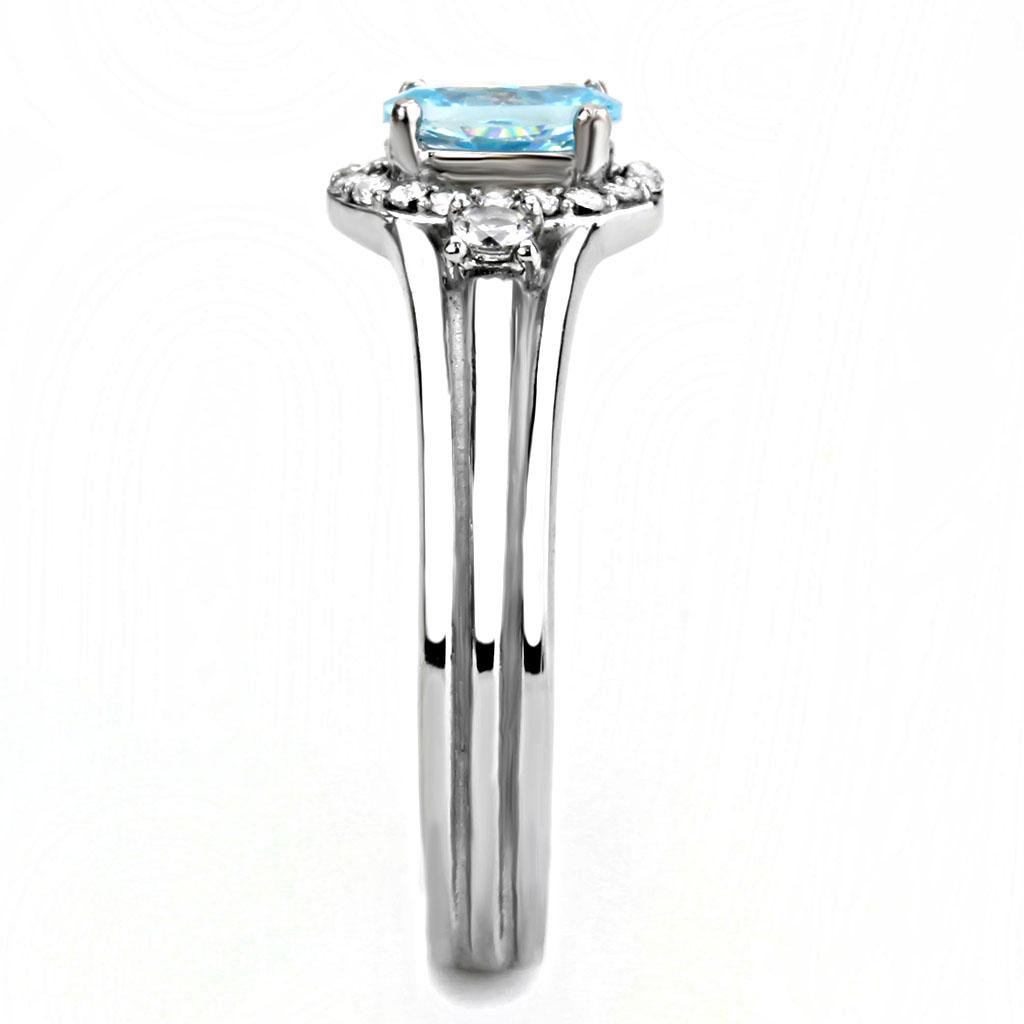 High polished (no plating) Stainless Steel Ring with AAA Grade CZ  in Sea Blue