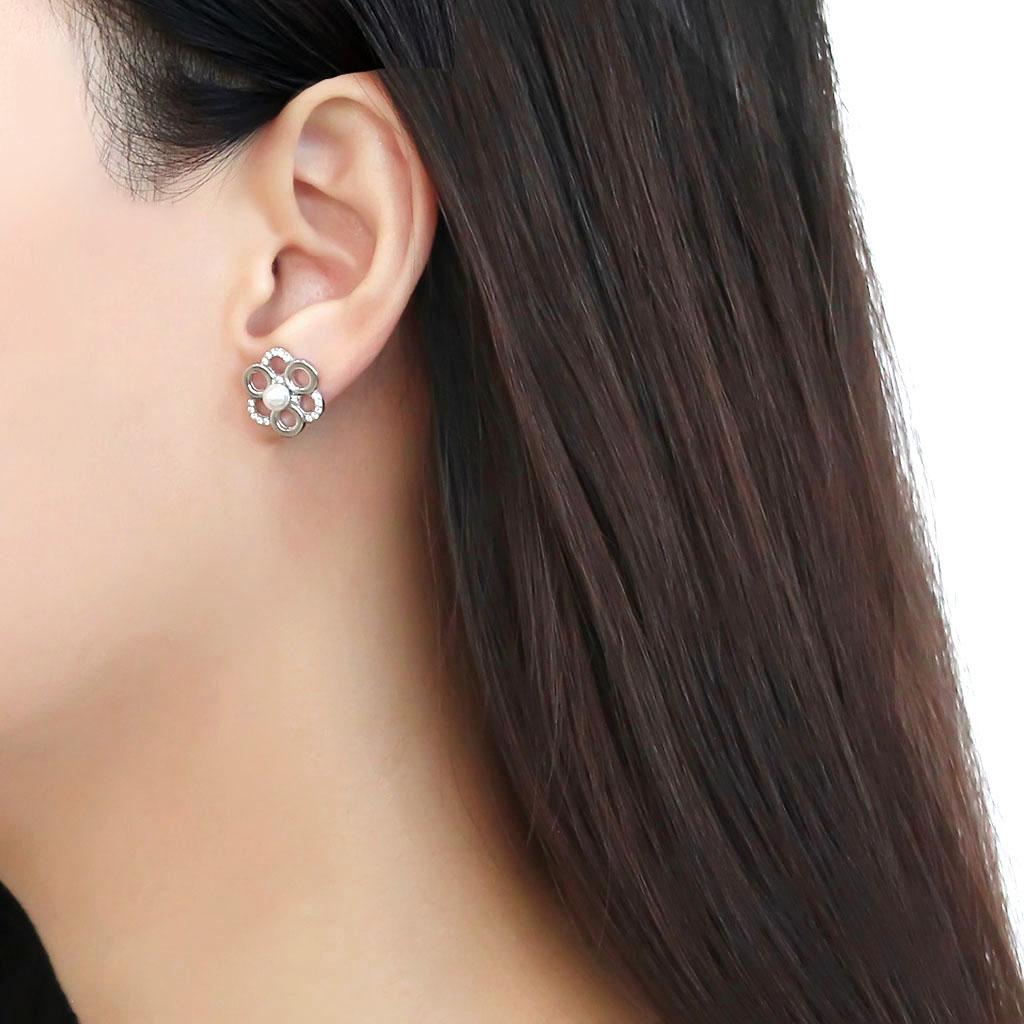 High polished (no plating) Stainless Steel Earrings with Synthetic Pearl in White