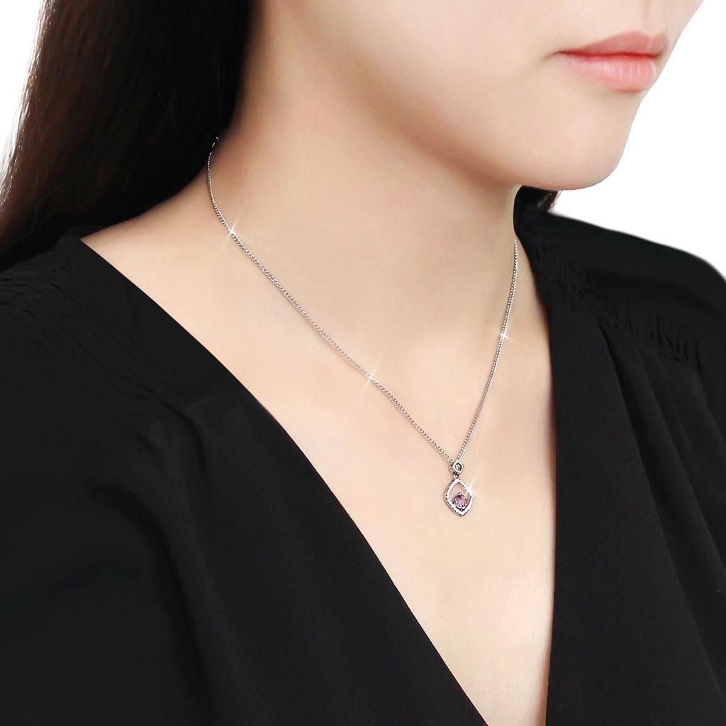 High polished (no plating) Stainless Steel Chain Pendant with AAA Grade CZ  in Amethyst