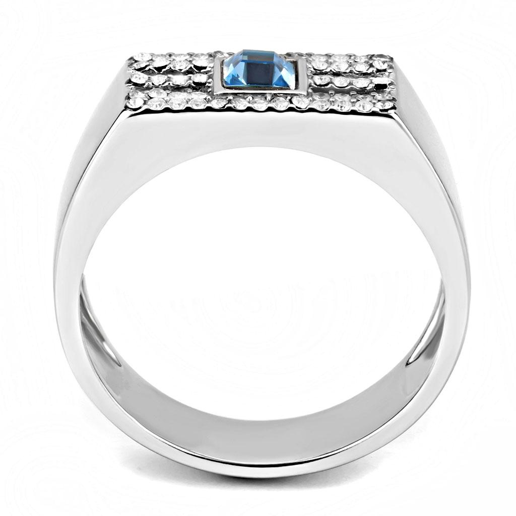 High polished (no plating) Stainless Steel Ring with Top Grade Crystal  in Sea Blue