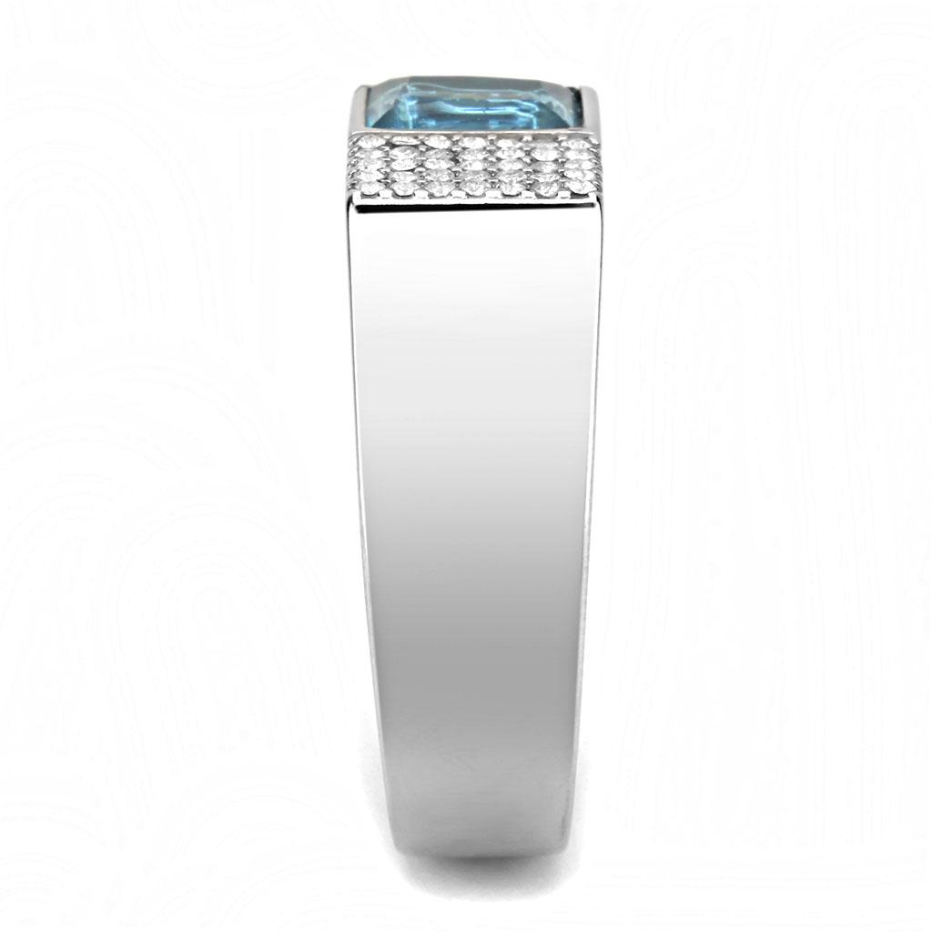 High polished (no plating) Stainless Steel Ring with Synthetic  in Sea Blue