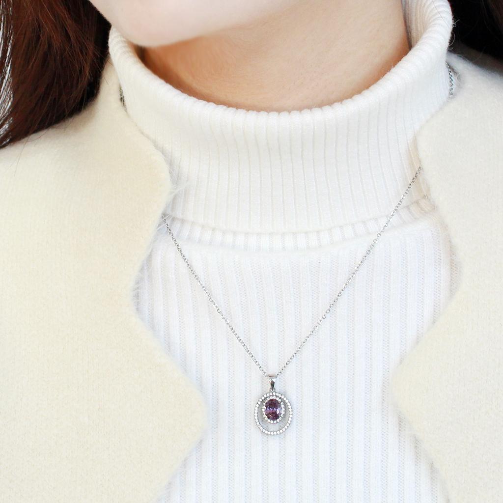 High polished (no plating) Stainless Steel Chain Pendant with AAA Grade CZ  in Amethyst