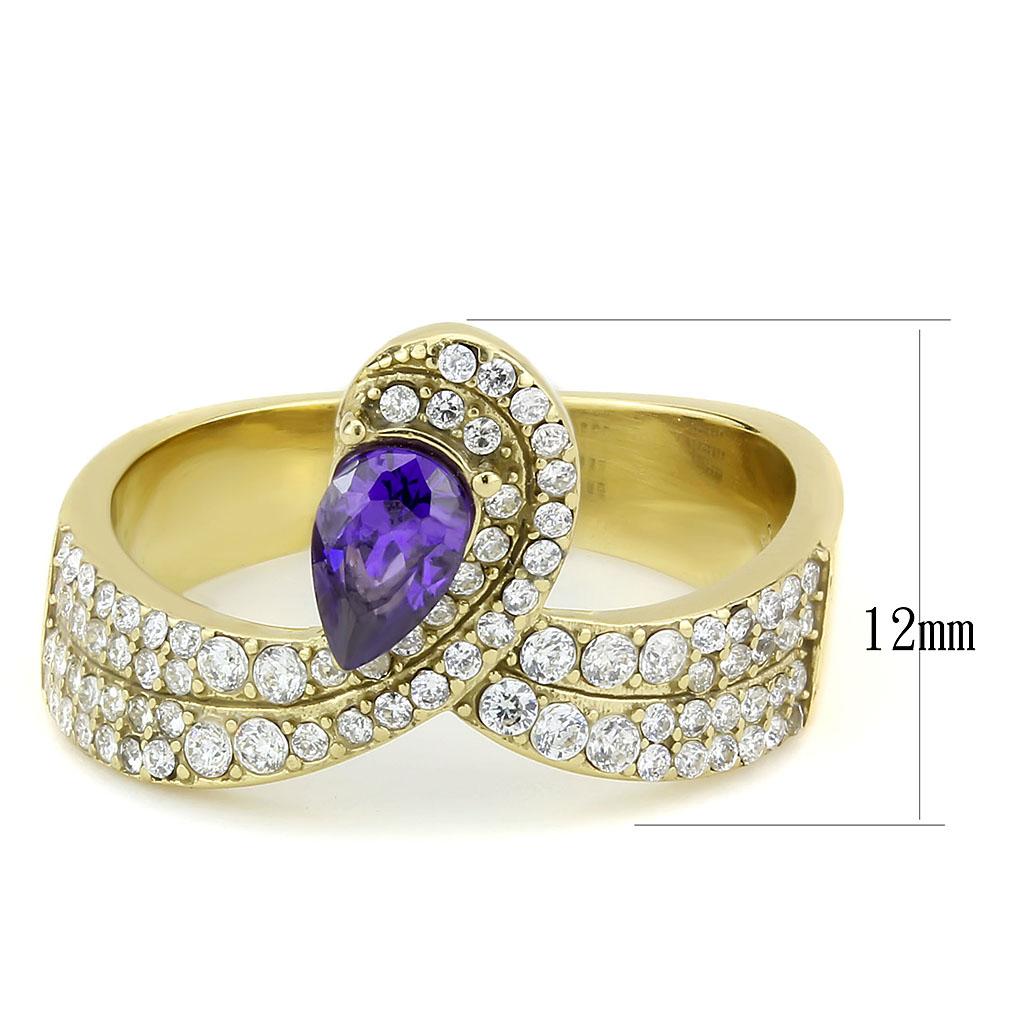 IP Gold(Ion Plating) Stainless Steel Ring with AAA Grade CZ  in Tanzanite