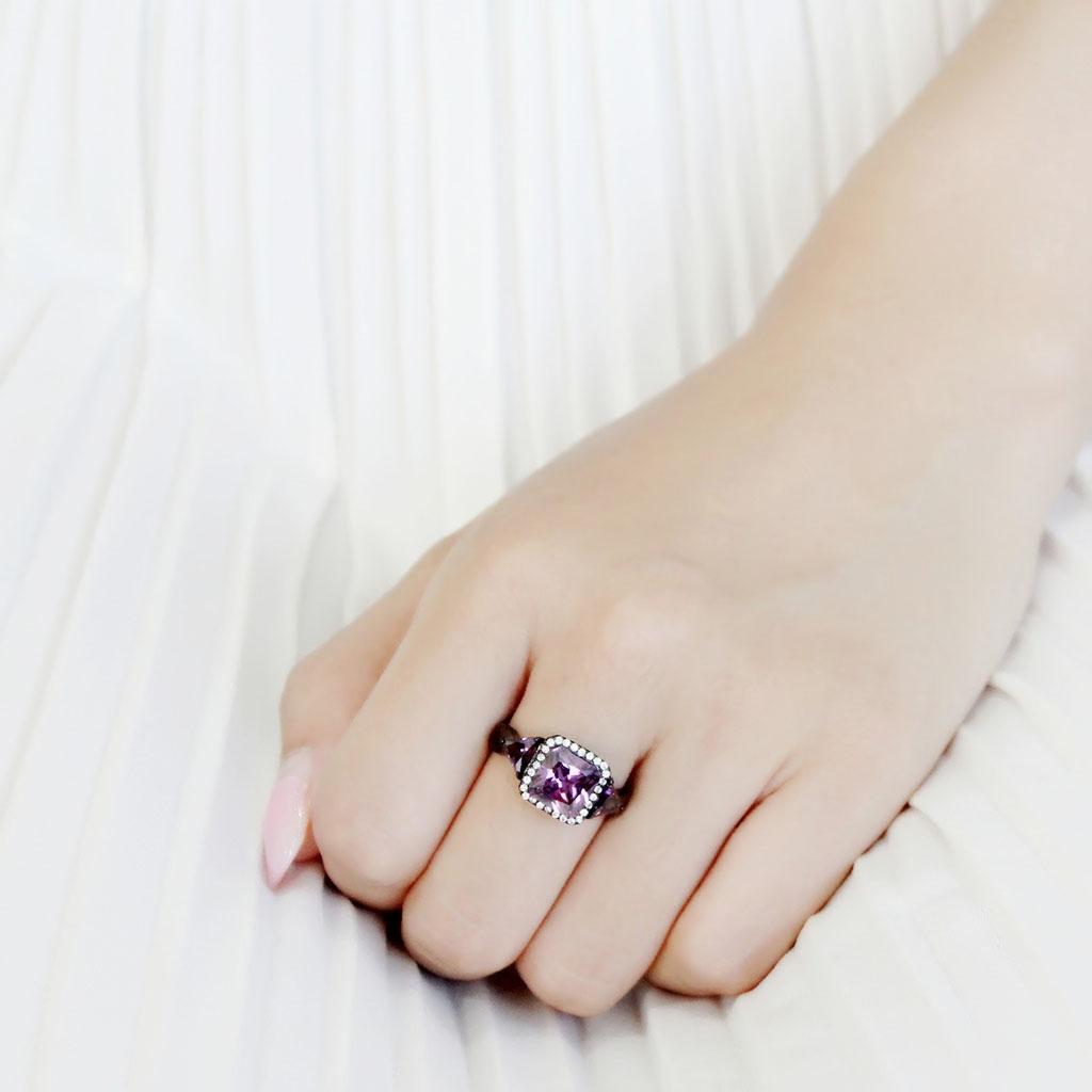 IP Black(Ion Plating) Stainless Steel Ring with AAA Grade CZ  in Amethyst