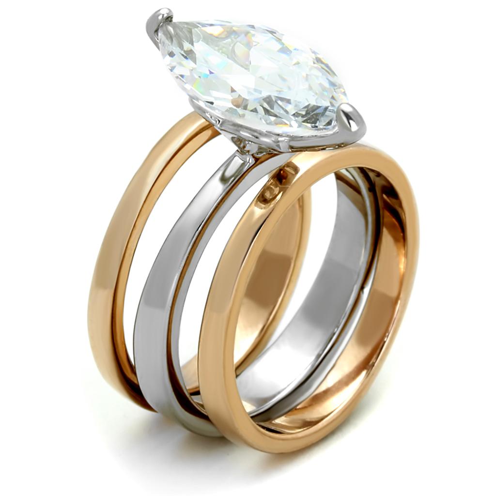Two-Tone IP Rose Gold Stainless Steel Ring with AAA Grade CZ  in Clear