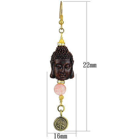 Antique Copper White Metal Earrings with Synthetic Glass Bead in Rose