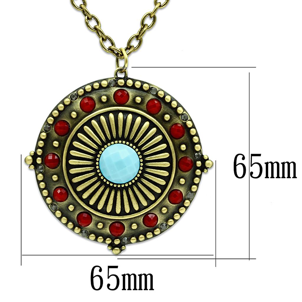 Antique Copper Brass Chain Pendant with Synthetic Synthetic Glass in Sea Blue