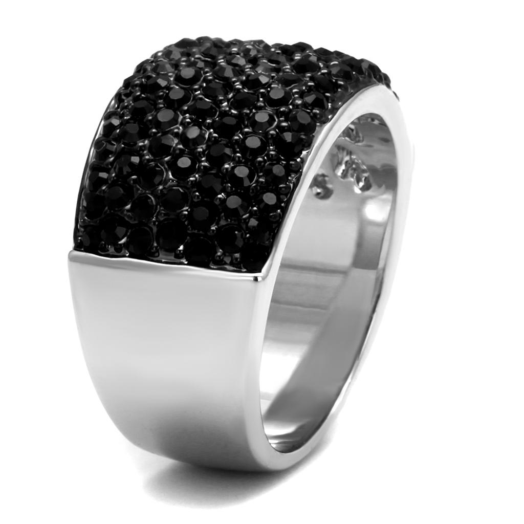 Rhodium+Hematite Brass Ring with Top Grade Crystal  in Jet