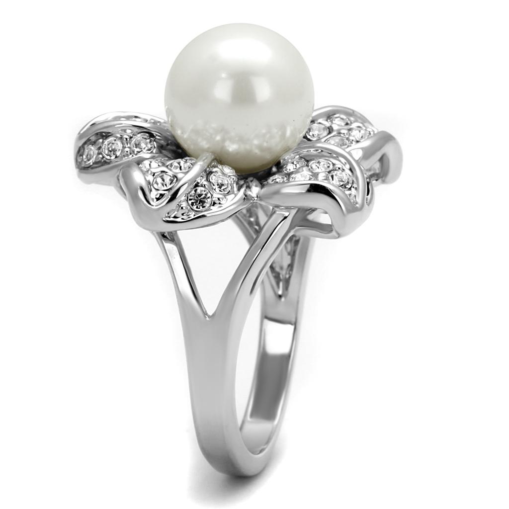 Rhodium Brass Ring with Synthetic Pearl in White