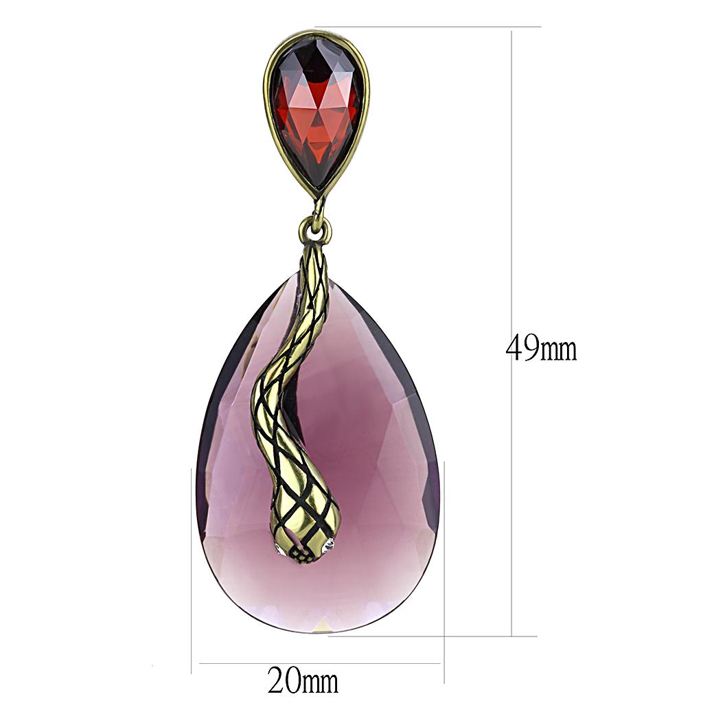 Antique Copper Brass Earrings with Synthetic Synthetic Glass in Amethyst