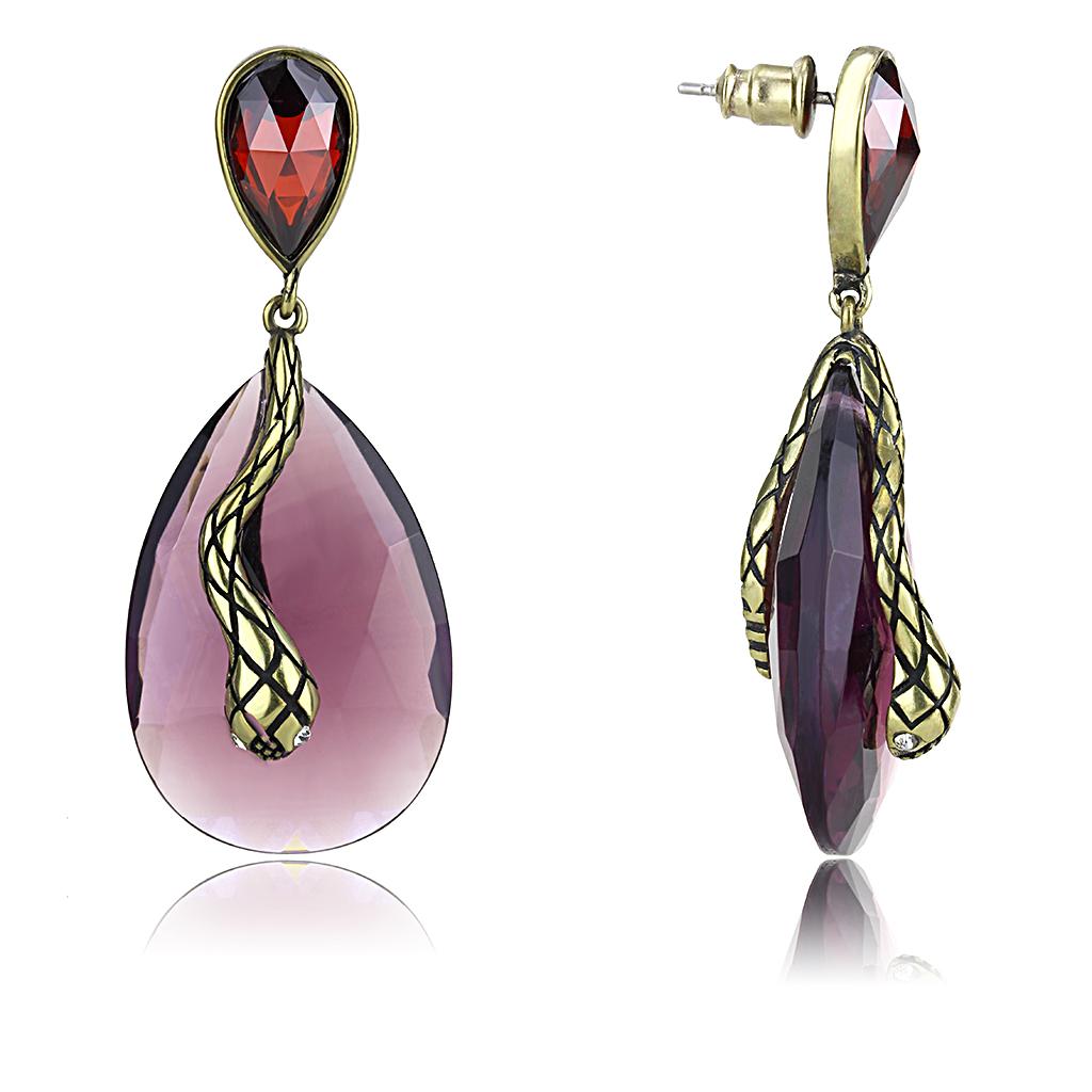 Antique Copper Brass Earrings with Synthetic Synthetic Glass in Amethyst