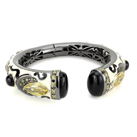 Gold+Hematite Brass Bangle with Synthetic Onyx in Jet