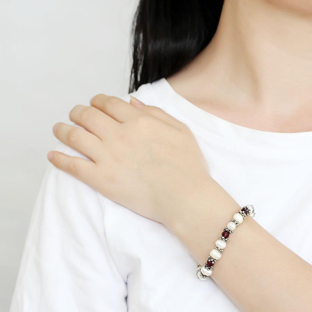 Antique Silver White Metal Bracelet with Synthetic Pearl in Fuchsia