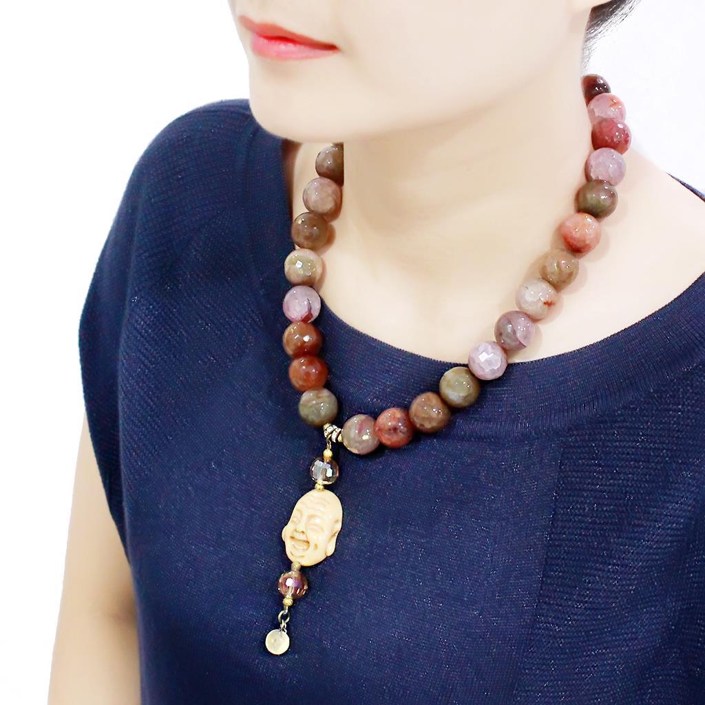 Antique Copper Brass Necklace with Semi-Precious Agate in Multi Color