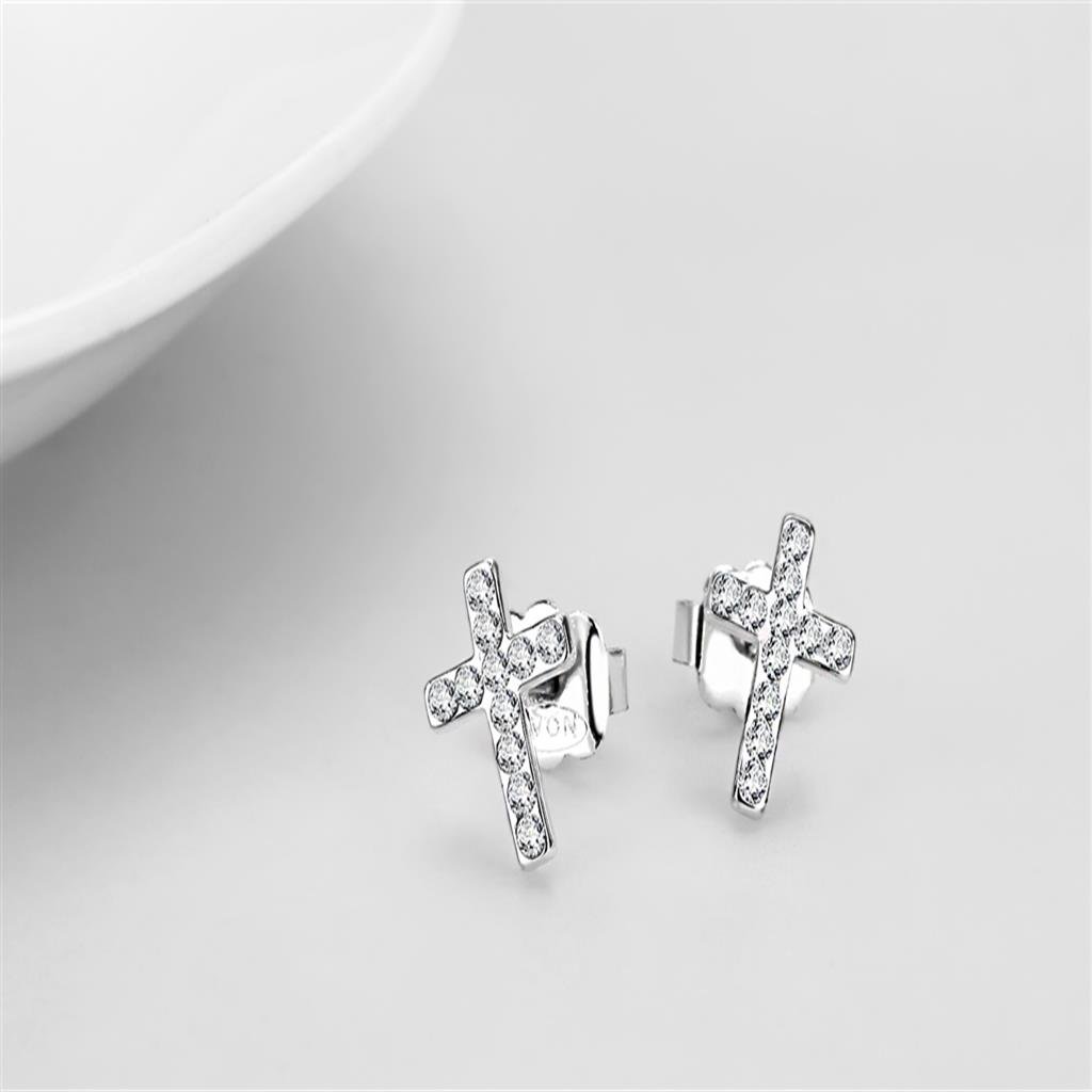 Silver+ e-coating Brass Earrings with Top Grade Crystal  in Clear