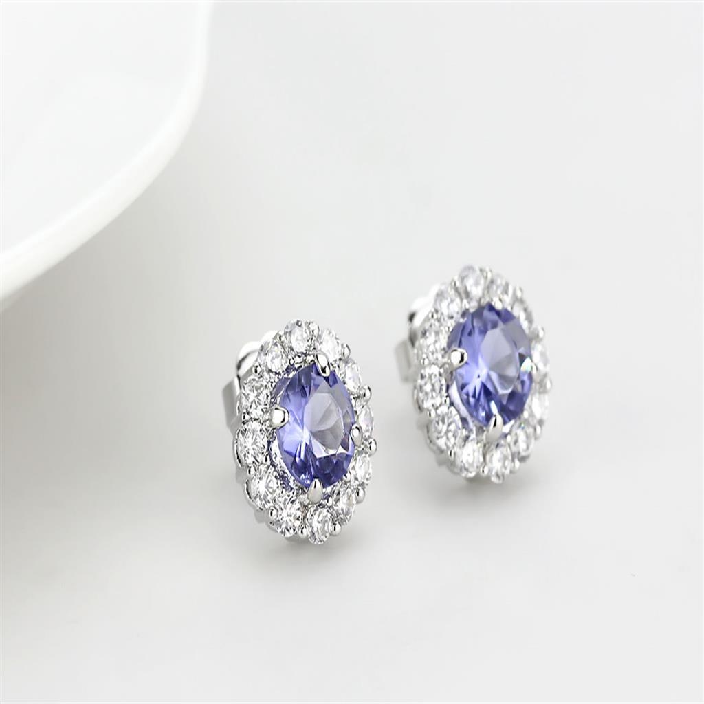 Rhodium Brass Earrings with Synthetic Synthetic Glass in Tanzanite