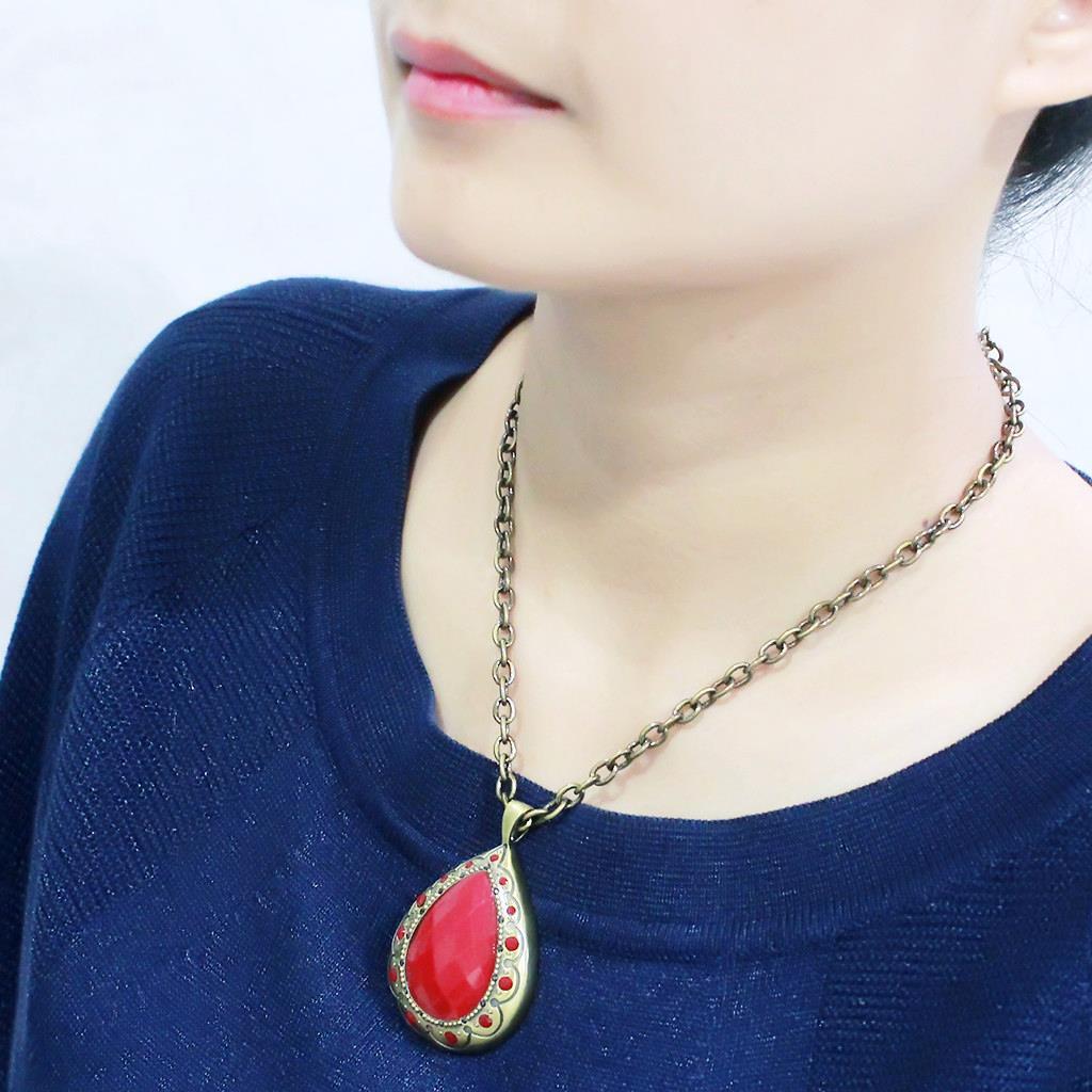 Antique Copper Brass Chain Pendant with Synthetic Synthetic Stone in Red Series