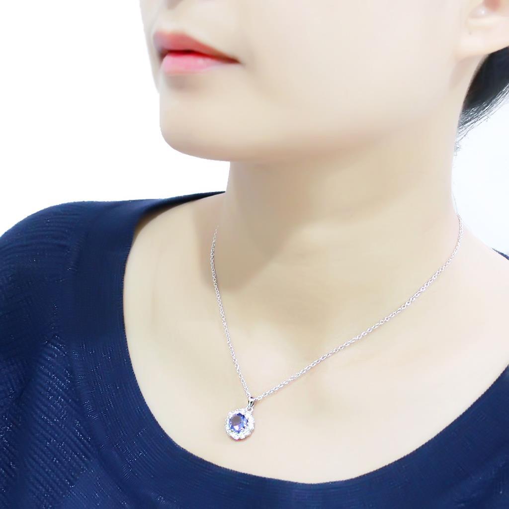 Rhodium Brass Chain Pendant with Synthetic Synthetic Glass in Tanzanite