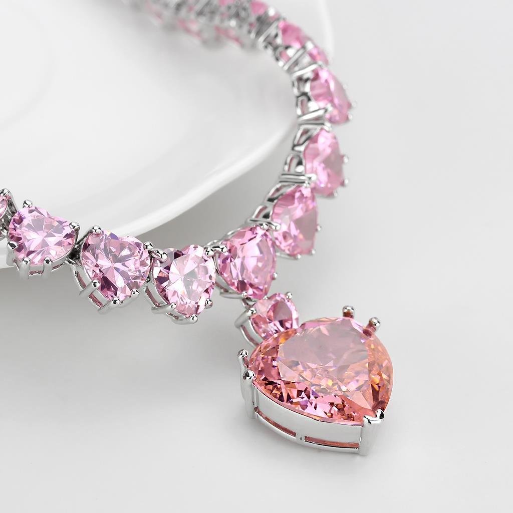Rhodium Brass Necklace with AAA Grade CZ  in Rose