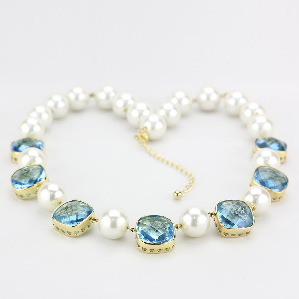 Gold Brass Necklace with Synthetic Synthetic Glass in Sea Blue