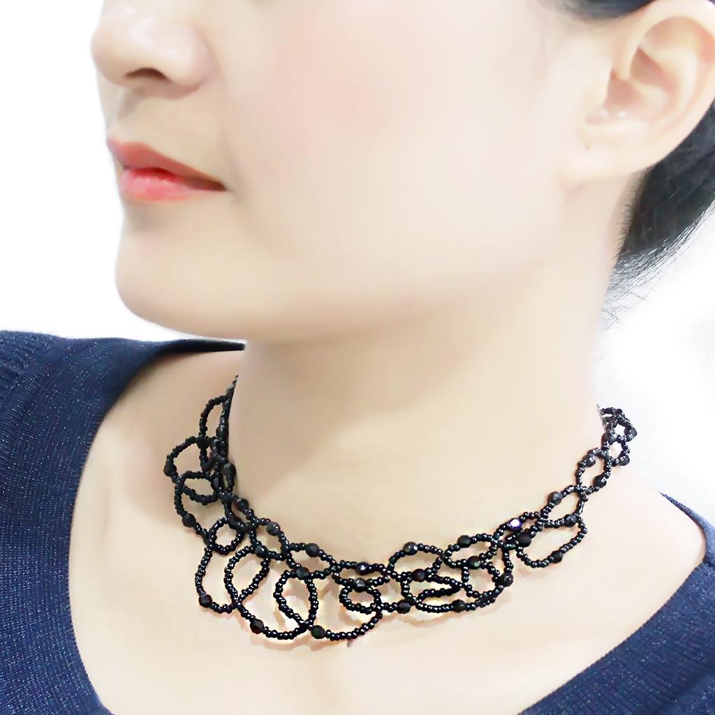 Rhodium Brass Necklace with Synthetic Synthetic Glass in Jet