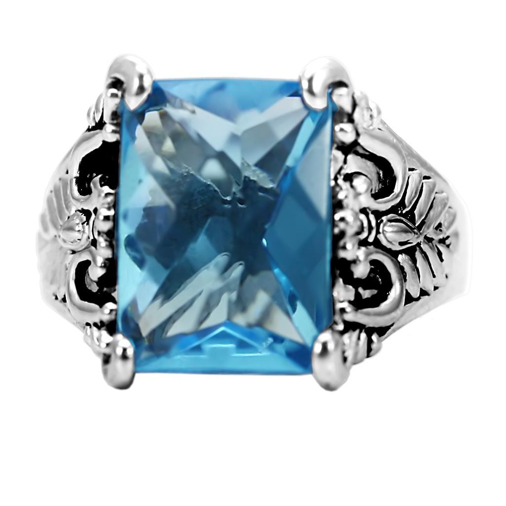 High polished (no plating) Stainless Steel Ring with Synthetic Synthetic Glass in Sea Blue
