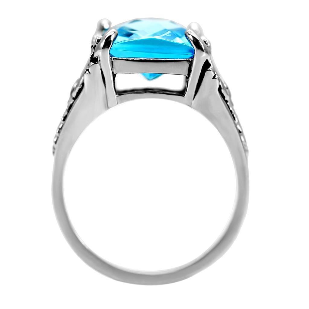 High polished (no plating) Stainless Steel Ring with Synthetic Synthetic Glass in Sea Blue