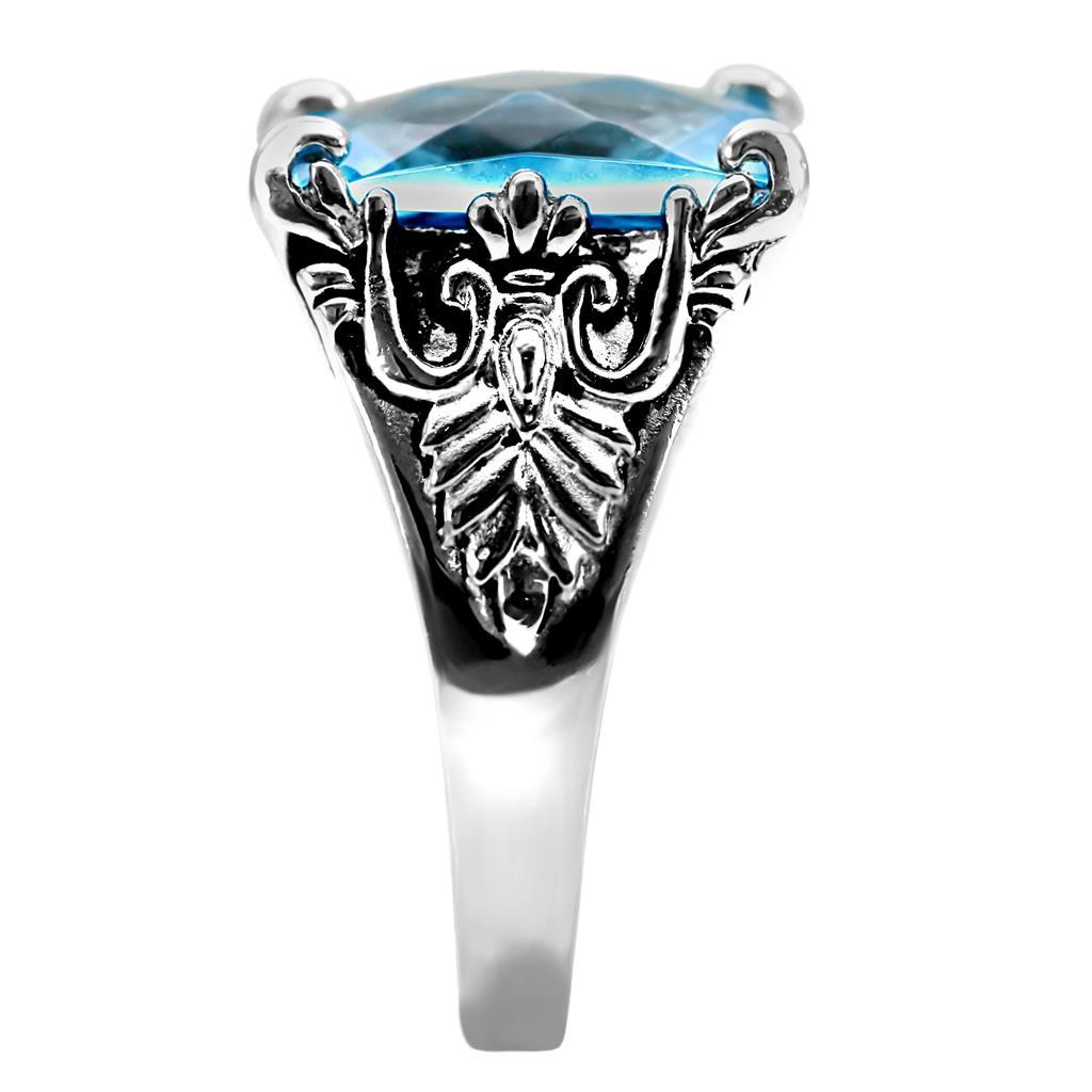 High polished (no plating) Stainless Steel Ring with Synthetic Synthetic Glass in Sea Blue