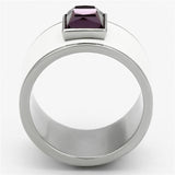 High polished (no plating) Stainless Steel Ring with Synthetic Synthetic Glass in Amethyst