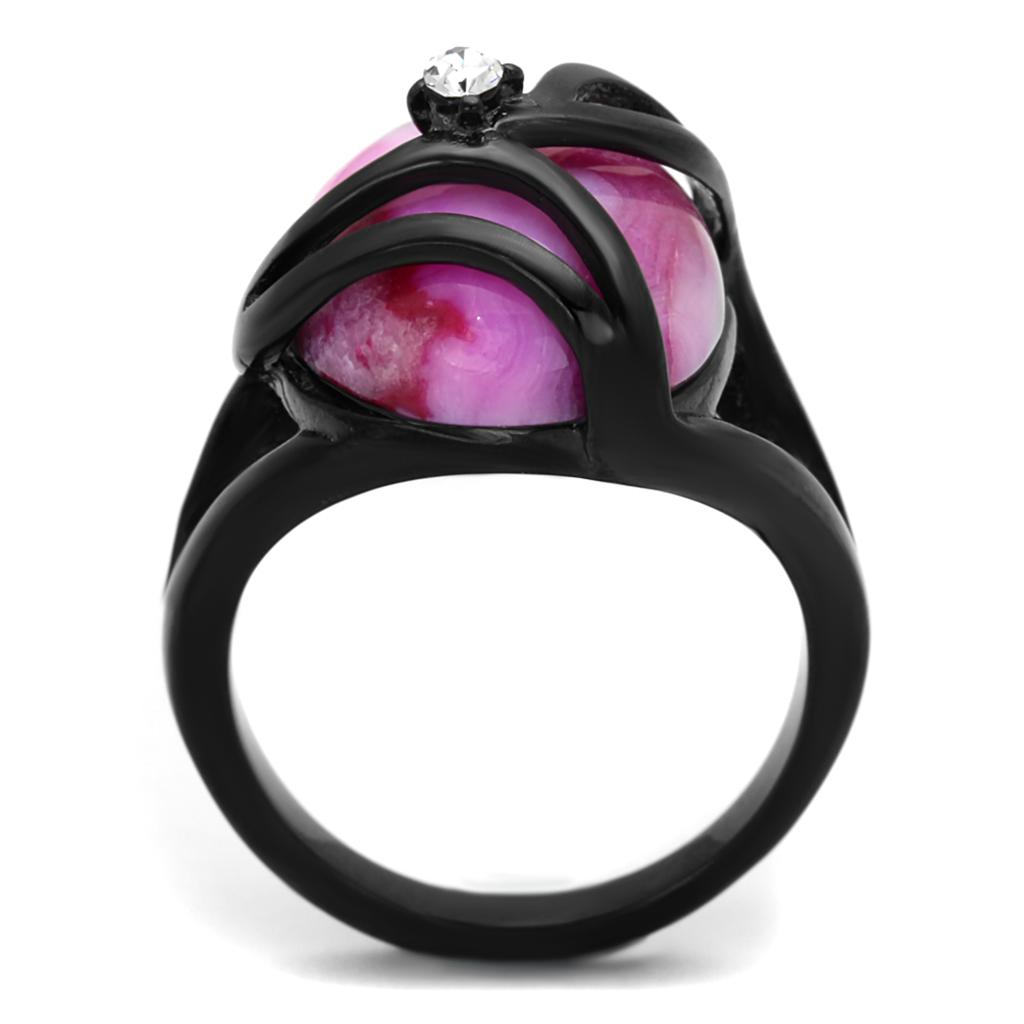 IP Black(Ion Plating) Stainless Steel Ring with Synthetic Cat Eye in Fuchsia