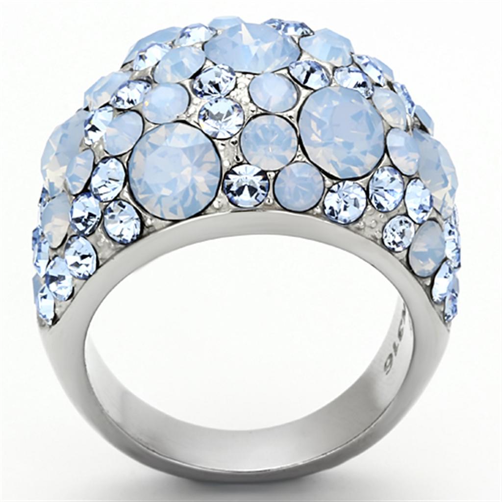High polished (no plating) Stainless Steel Ring with Top Grade Crystal  in Sea Blue
