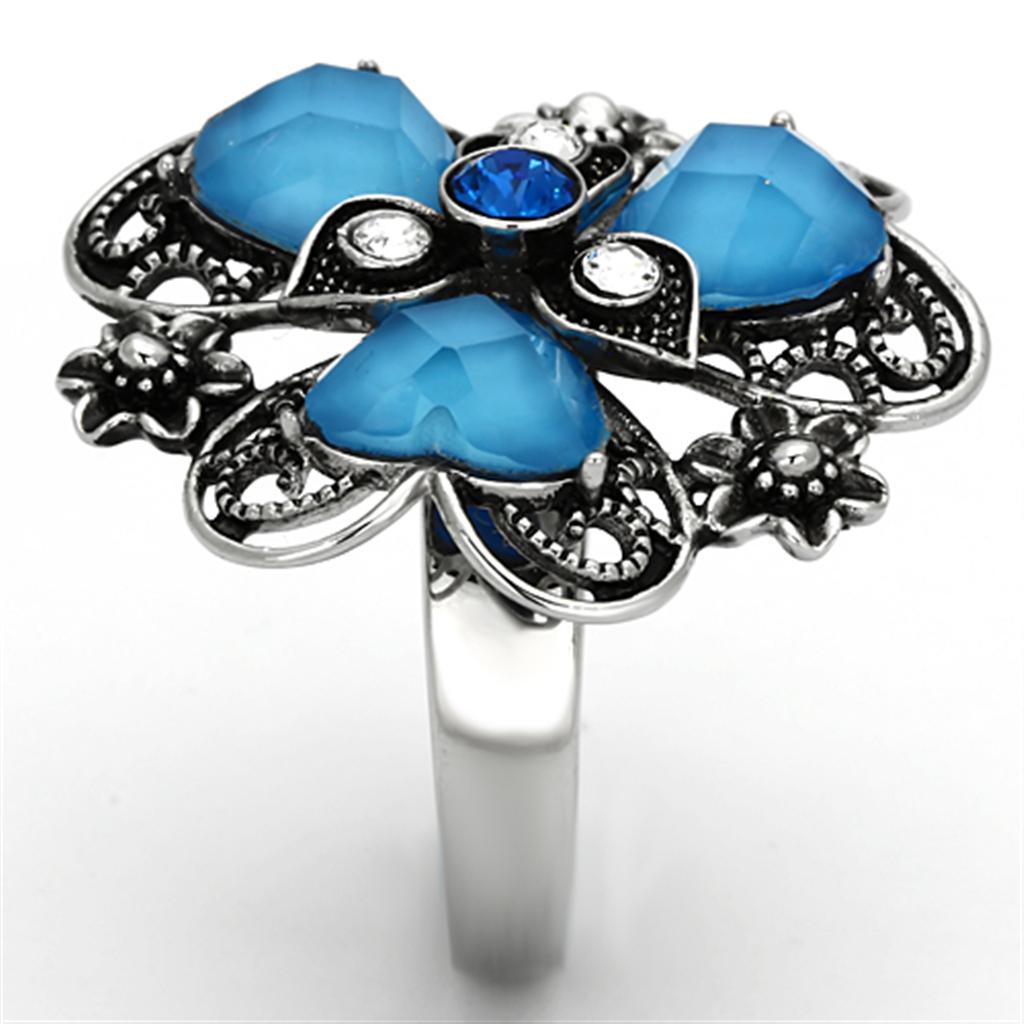High polished (no plating) Stainless Steel Ring with Synthetic Synthetic Stone in Sea Blue