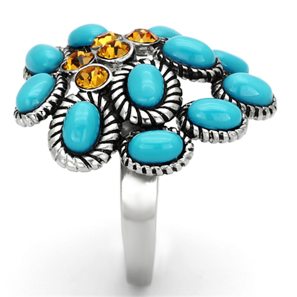 High polished (no plating) Stainless Steel Ring with Synthetic Synthetic Stone in Turquoise